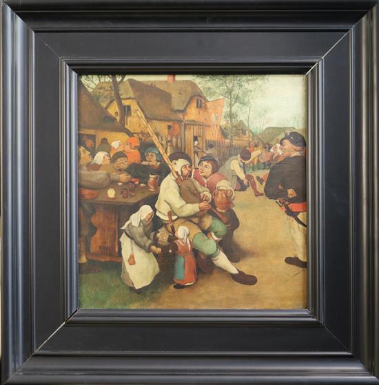 After Jan Van Brueghel Piper outside a tavern 14 x 14.75in.